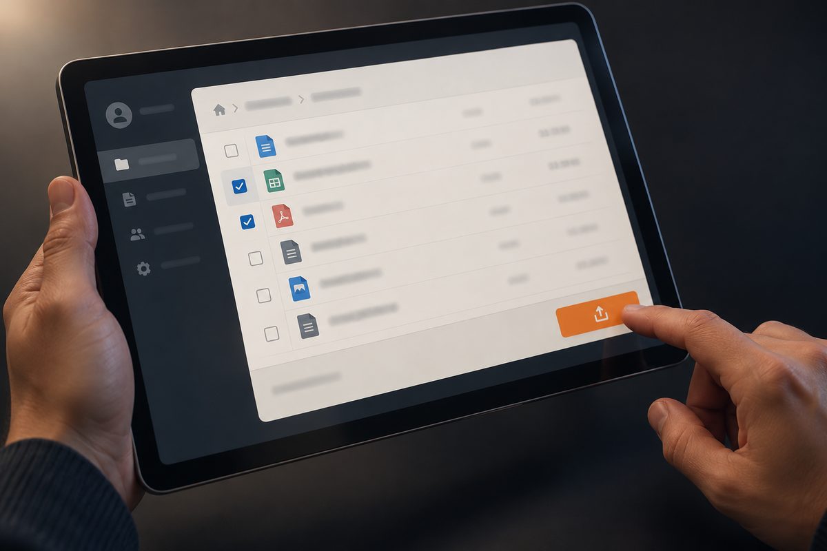 An account-record export panel with a selectable file list